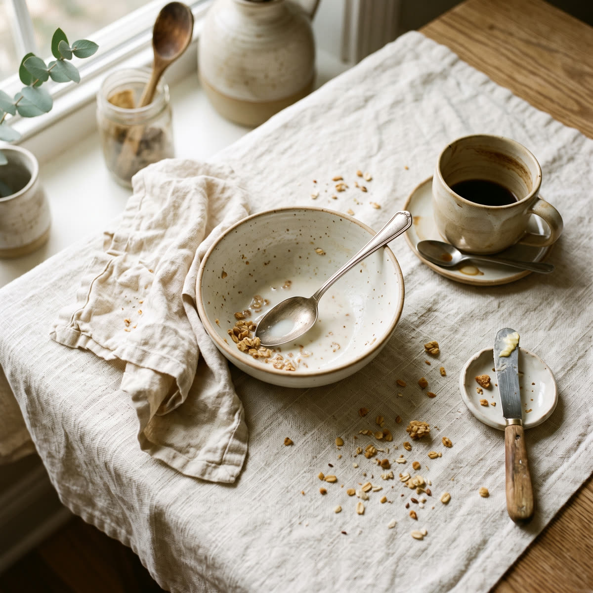 An emptied breakfast bowl, a half-finished coffee and crumbs on a linen tablecloth