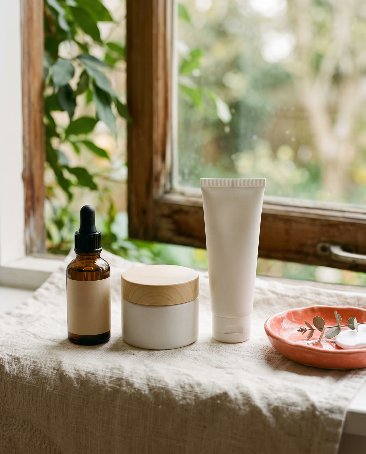 Three unlabelled skincare containers on linen by a window