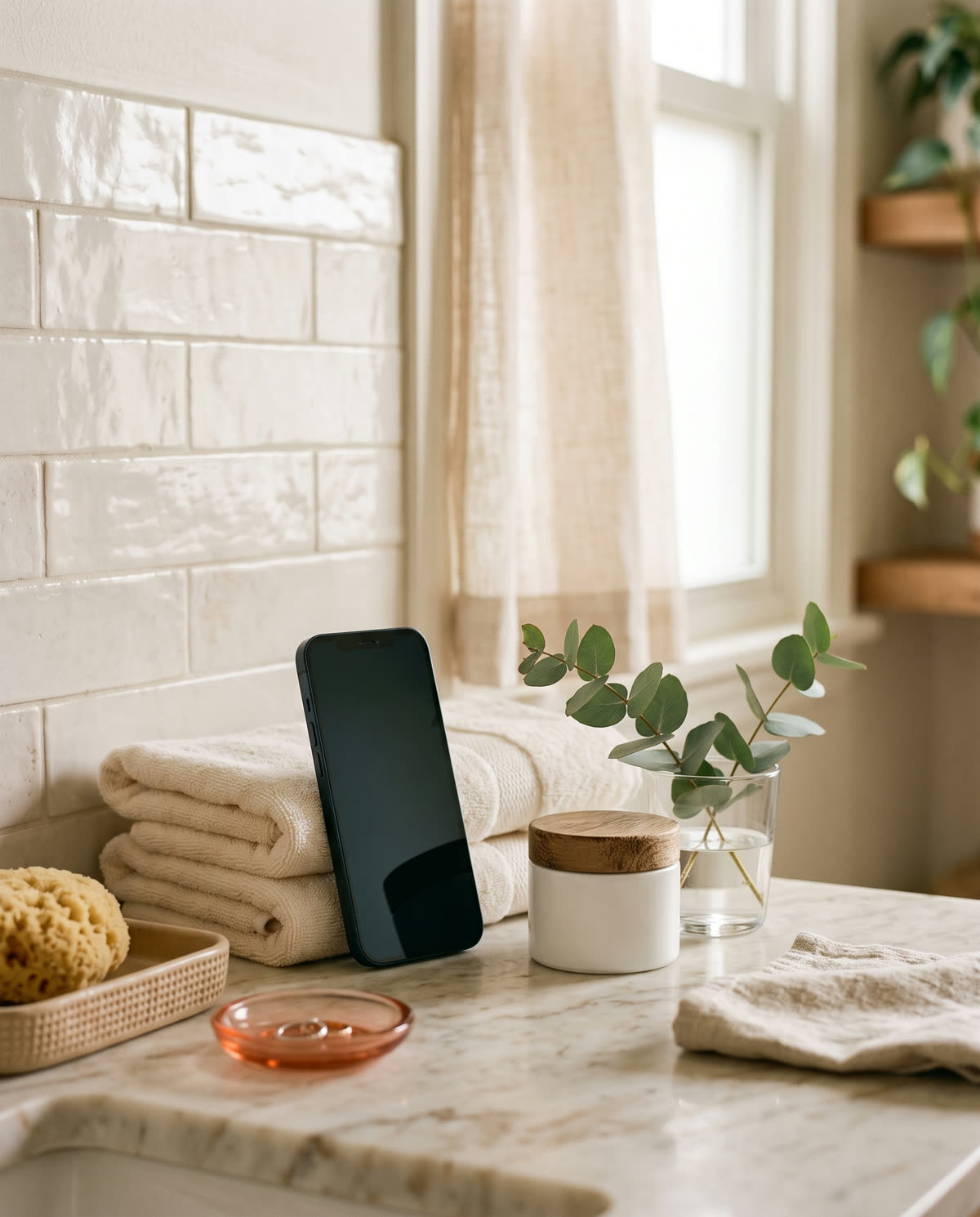A phone propped against folded towels on a bathroom counter in morning light