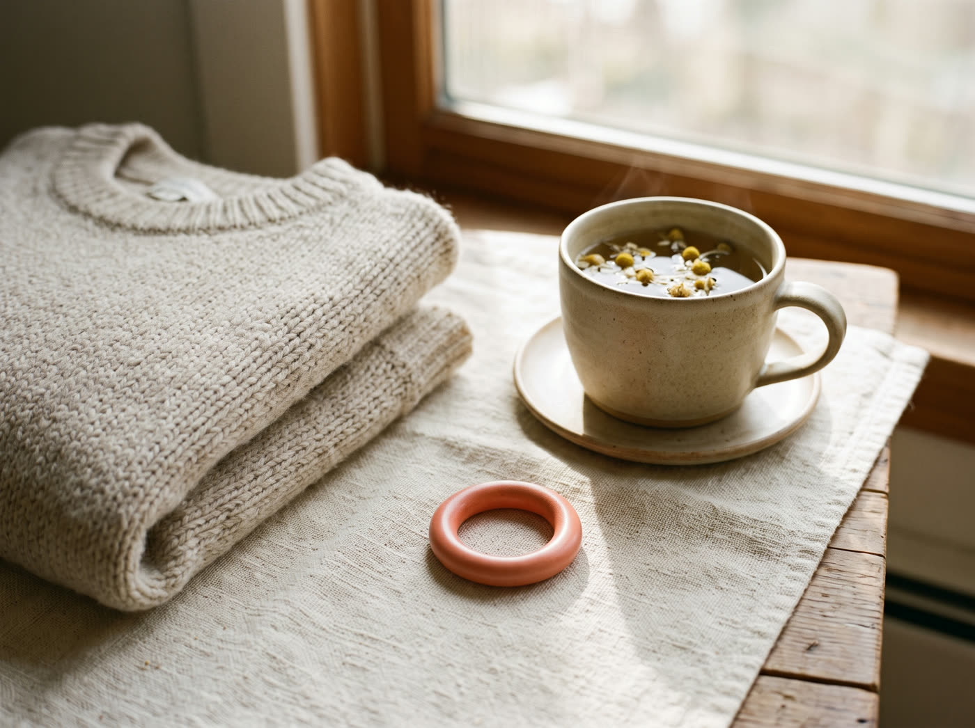 A coral ceramic ring beside a folded knit sweater and a cup of tea