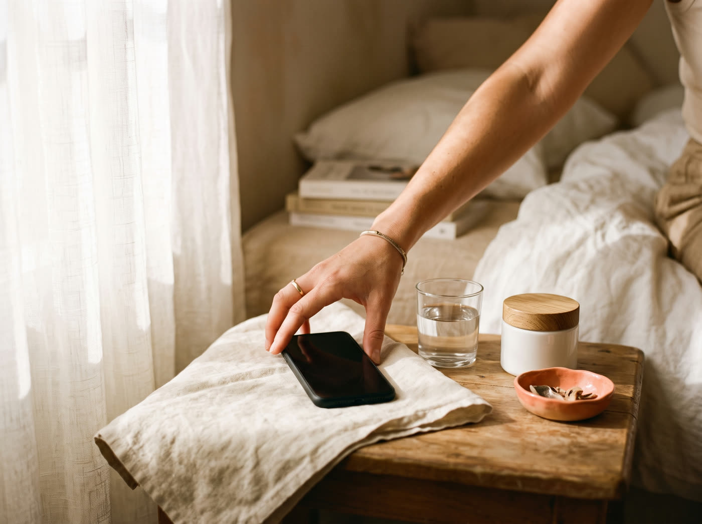 A hand reaching for a phone on a sunlit bedside table next to a cream jar