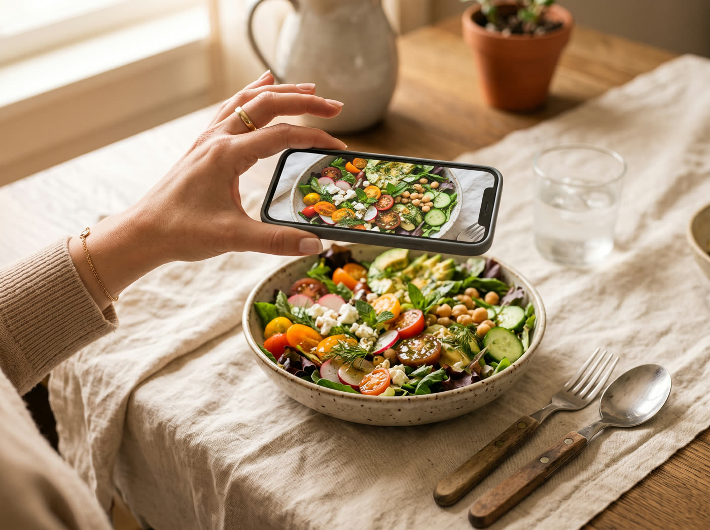 A hand holding a phone above a bowl of salad, photographing it